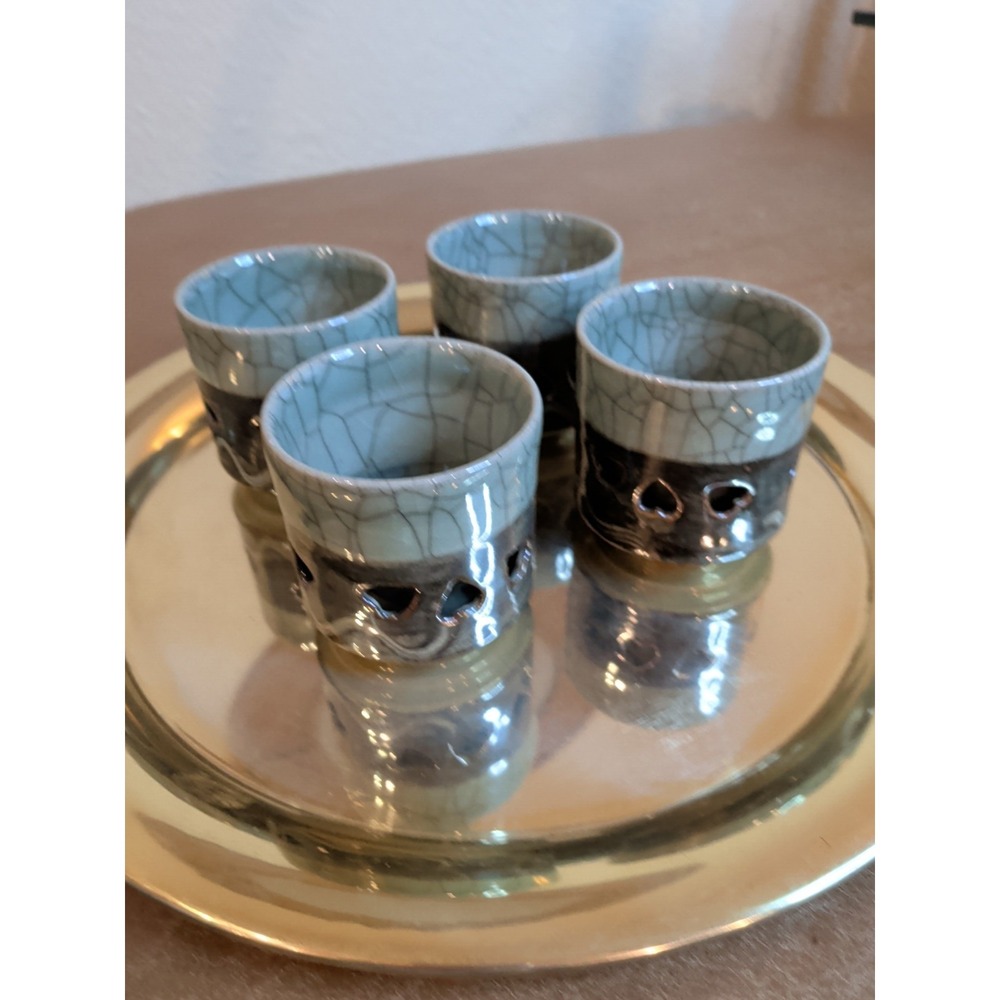 Set of 4 Japanese Soma Ware Tea Cups Double Wall Celadon Crackle Glaze Hearts